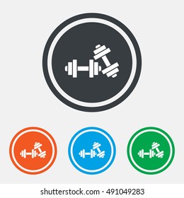 Dumbbells sign icon. Fitness sport symbol. Gym workout equipment. Graphic design web element. Flat fitness sport symbol on the round button. Vector