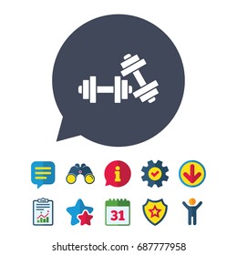 Dumbbells sign icon. Fitness sport symbol. Gym workout equipment. Information, Report and Speech bubble signs. Binoculars, Service and Download, Stars icons. Vector