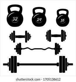 Dumbells signieren Symbole. Symbole für den Fitnesssport. Fitnessgeräte Barbell-Symbol. Flache Symbole auf Weiß. Set von Symbolen mit Sportgeräten für den Fitnessraum, Vektorillustration-Illustration.