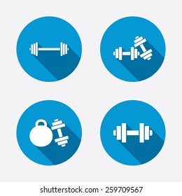 Dumbbells Sign Icons. Fitness Sport Symbols. Gym Workout Equipment. Circle Concept Web Buttons. Vector