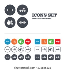 Dumbbells sign icons. Fitness sport symbols. Gym workout equipment. Web buttons set. Circles and squares templates. Vector