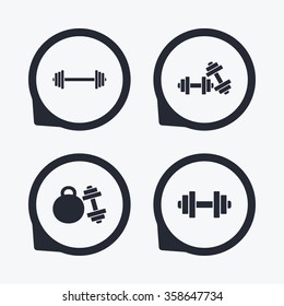 Dumbbells sign icons. Fitness sport symbols. Gym workout equipment. Flat icon pointers.