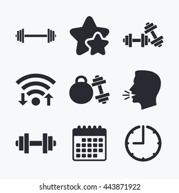 Dumbbells sign icons. Fitness sport symbols. Gym workout equipment. Wifi internet, favorite stars, calendar and clock. Talking head. Vector