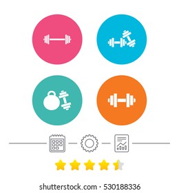 Dumbbells sign icons. Fitness sport symbols. Gym workout equipment. Calendar, cogwheel and report linear icons. Star vote ranking. Vector