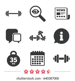 Dumbbells sign icons. Fitness sport symbols. Gym workout equipment. Newspaper, information and calendar icons. Investigate magnifier, chat symbol. Vector