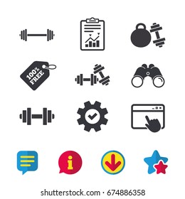 Dumbbells sign icons. Fitness sport symbols. Gym workout equipment. Browser window, Report and Service signs. Binoculars, Information and Download icons. Stars and Chat. Vector