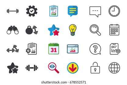 Dumbbells sign icons. Fitness sport symbols. Gym workout equipment. Chat, Report and Calendar signs. Stars, Statistics and Download icons. Question, Clock and Globe. Vector