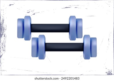 Dumbbells, sport equipment. Training tool for fitness, active lifestyle, renewing body energy. Heavy sports equipment. Tool for weight loss, strengthening muscles in the gym. Vector 3d illustration.