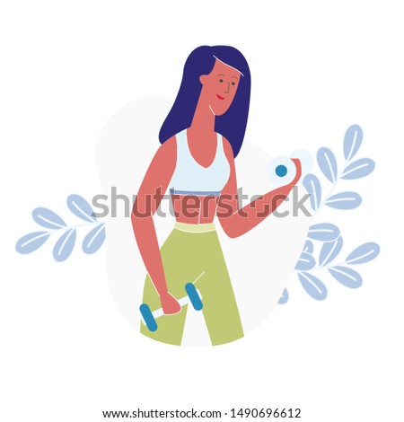 Dumbbells Training Cartoon Vector Illustration. Strong Female Fitness Trainer Exercising, Woman Gym Workout. Girl Wearing Sportswear, Training Biceps Muscles. Sportswoman Healthy Lifestyle
