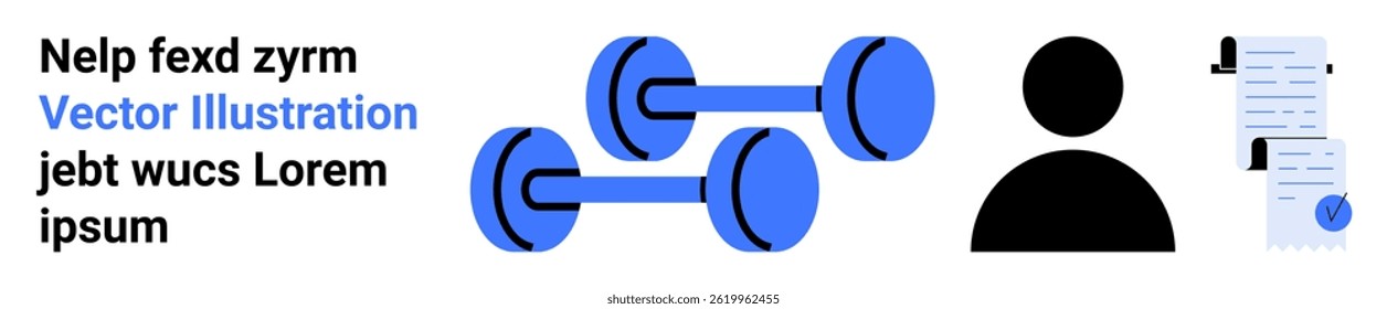 Dumbbells, ícone do usuário e documentos representam a adequação e o gerenciamento de documentos. Ideal para aplicativos de fitness, blogs de saúde, perfis de usuário, ferramentas de produtividade, conteúdo educacional, sites de negócios, social