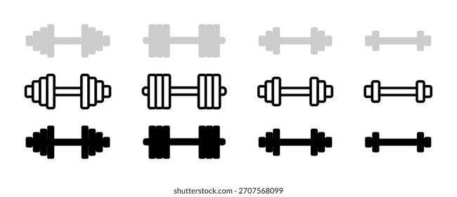 Ícone de vetor Dumbbells. Símbolo de exercício de força, pictograma de sino dum para esporte de musculação, ilustração de haltere de treinamento no fundo branco