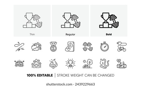 Mancuernas, Verduras e iconos de línea de trofeos. Paquete de bicicleta eléctrica, arena deportiva, icono de caña de pescar. Temporizador, yoga, pictograma de entrenamiento cardiovascular. Gusanos, Bicicleta, Mancuerna. Bicicleta de cardio, Fitness. Vector