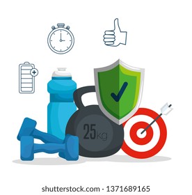 dumbbells with water bottle and shield security with target