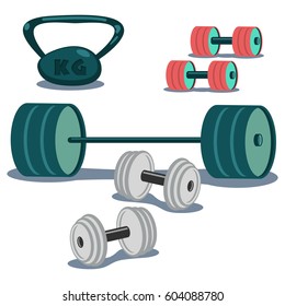 Dumbbells, weight and barbell icons set. Cartoon vector illustration isolated on white background.