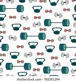 Dumbbells, weight and barbell vector seamless pattern on a white background for wallpaper, wrapping, packing, and backdrop.