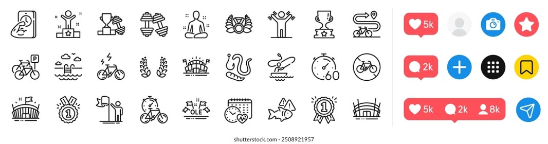 Dumbbells workout, Bike timer and Winner cup line icons pack. Social media icons. Fish, Bike path, Leadership web icon. Arena stadium, Dumbbells, Reward pictogram. Winner, Worms, Ole chant. Vector