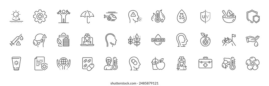 Dumbbells workout, Telemedicine and Gluten free line icons. Pack of Organic tested, Cough, Head icon. Depression treatment, Medical mask, Sun protection pictogram. Sunscreen, Vaccination. Vector