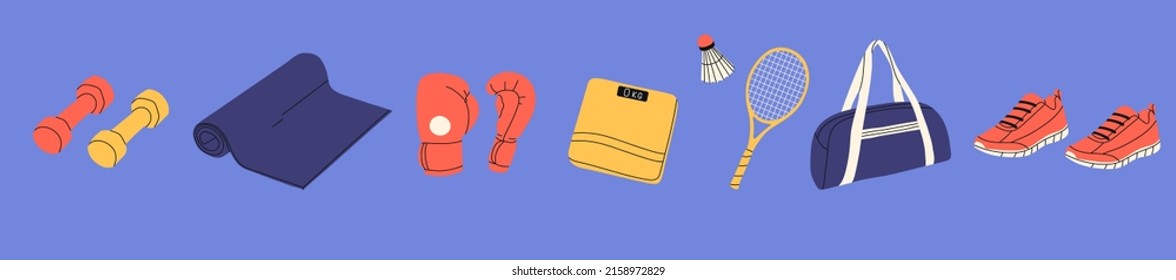 Dumbbells, yoga mat, boxing gloves, weights and sneakers. Workout stuff set. Various sport inventory set. Isolated flat vector illustration.