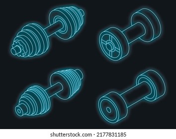 Dumbell icons set. Isometric set of dumbell vector icons neon on black