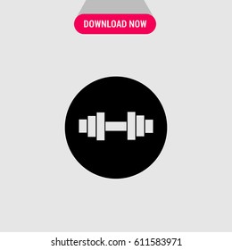 Dumbell Symbol Vector Icon, The outlined symbol of barbell on the round black background. Simple, modern flat vector illustration for mobile app, website or desktop app  
