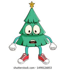 Dumbfounded christmas tree cartoon character with funny face