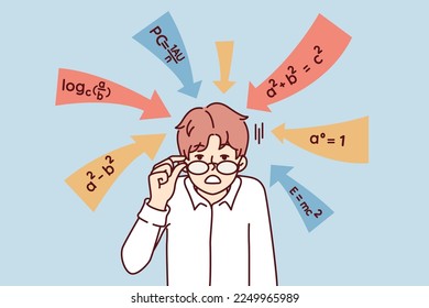 Dumbfounded guy touches glasses after seeing math formulas given in school or college and requiring solution. Examples from algebra around shocked student standing in white shirt. Flat vector image