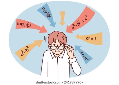 Der dumme Kerl berührt Brillen, nachdem er Mathematik-Formeln in der Schule oder an der Universität gegeben hat und eine Lösung benötigt. Beispiele aus der Algebra um schockierte Schüler stehen in weißem Hemd. Flaches Vektorbild