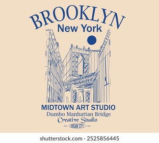 Dumbo manhattan bridge view hand sketch print design. college text print. City back print for t shirt. Brooklyn bridge street view. New York design studio t shirt print design.