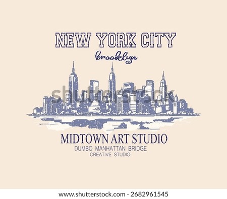 Dumbo manhattan bridge view hand sketch print design. college text print. City back print for t shirt. Brooklyn bridge street view. New York design studio t shirt print design