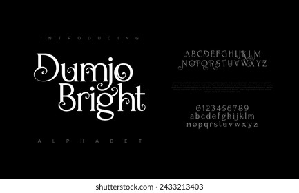 Dumjo premium luxury elegant alphabet letters and numbers. Elegant wedding typography classic serif font decorative vintage retro. Creative vector illustration