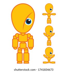 Chico húmedo, bobo infantilizado, con un ojo, articulado, color naranja y amarillo