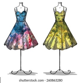 Dummies with dresses. Fashion illustration.