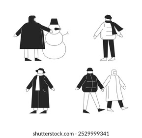 Dummy dolls outerwear winter outdoor black and white 2D line characters set. Snowman building. Cold weather puffer coats models isolated vector outline people. Monochrome spot illustrations collection