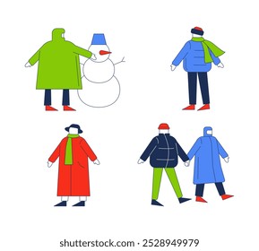 Dummy dolls outerwear winter outdoors 2D cartoon characters set. Snowman building. Cold weather puffer coats models isolated people flat vector on white background. Spot illustrations collection