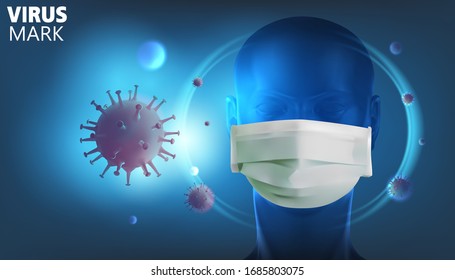 Cabeza húmeda con máscara quirúrgica. Máscara protectora. Protección contra virus, bacterias, esmog. Símbolo de protección contra la gripe