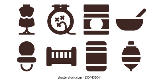 dummy icon set. 8 filled dummy icons.  Simple modern icons about  - Dummy, Mannequin, Crib, Knit, Baby food, Spinning top