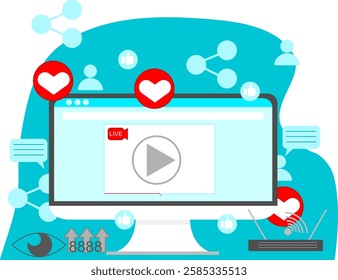 Dummy multimedia player. Flow. Social media live broadcast. Online desktop web video player. Youtube social media concept. vector Illustration,