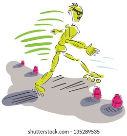 Dummy on  roller skates carries out exercise.