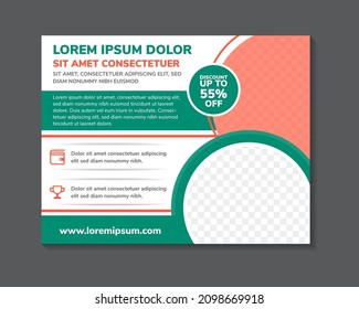 dummy text banner. abstract geometric flyer template design use horizonal layout combined with green and orange elements. white background with circle space for photo collage.