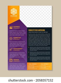 dummy text of headline flyer design template use vertical layout. combination yellow, orange, purple and dark blue gradient on element and background. brochure design with space of photo.