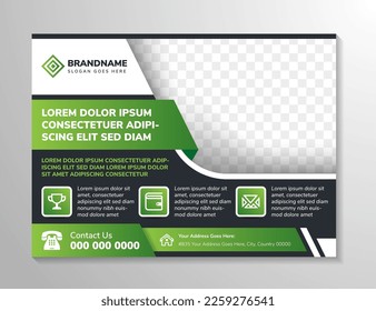 dummy text headline for horizontal layout banner design template with black background. space of photo collage. Combination green gradient and white element design.