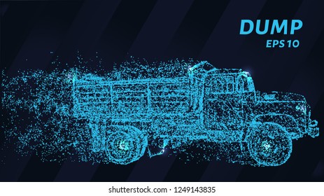 Dump. A grid of blue stars in the night sky. Glowing dots create the shape of a dump truck. Truck, transport, industry and other concepts illustration or background