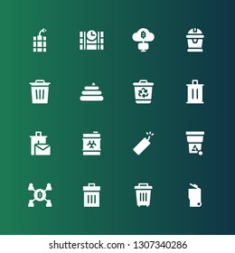 dump icon set. Collection of 16 filled dump icons included Garbage, Trash, Mining, Dynamite, Waste, Recycle bin, Recycling bin, Poo, Dinamite