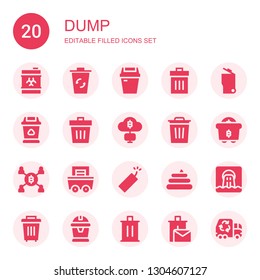 dump icon set. Collection of 20 filled dump icons included Waste, Recycling bin, Trash, Garbage, Mining, Dynamite, Poo, Recycle bin, Garbage truck