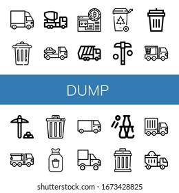 dump simple icons set. Contains such icons as Cargo truck, Trash, Mixer truck, Mining, Garbage truck, Recycle bin, Garbage bin, Crane can be used for web, mobile and logo