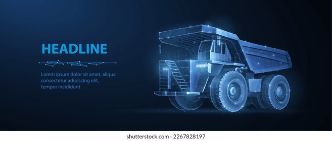 Dump truck. Abstract 3d large dumper on blue. Low pole. Mining machinery, industry equipment, Heavy career truck, open extraction, anthracite coal, gold mining, australian quarry, dumptruck concept