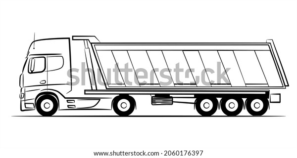 Dump truck abstract silhouette on white background.\
 A hand drawn line art in flat style. Vector illustration view from\
side.