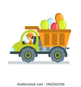 Dump truck with balloons and driver on white isolated background. Cartoon. Vector flat illustration