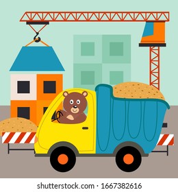 dump truck with bear driver at construction of houses - vector illustration, eps    