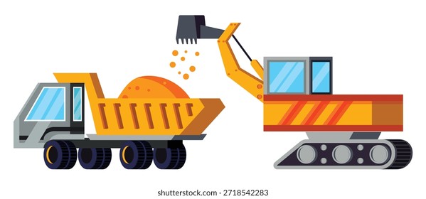 Dump truck being loaded by an excavator on white background